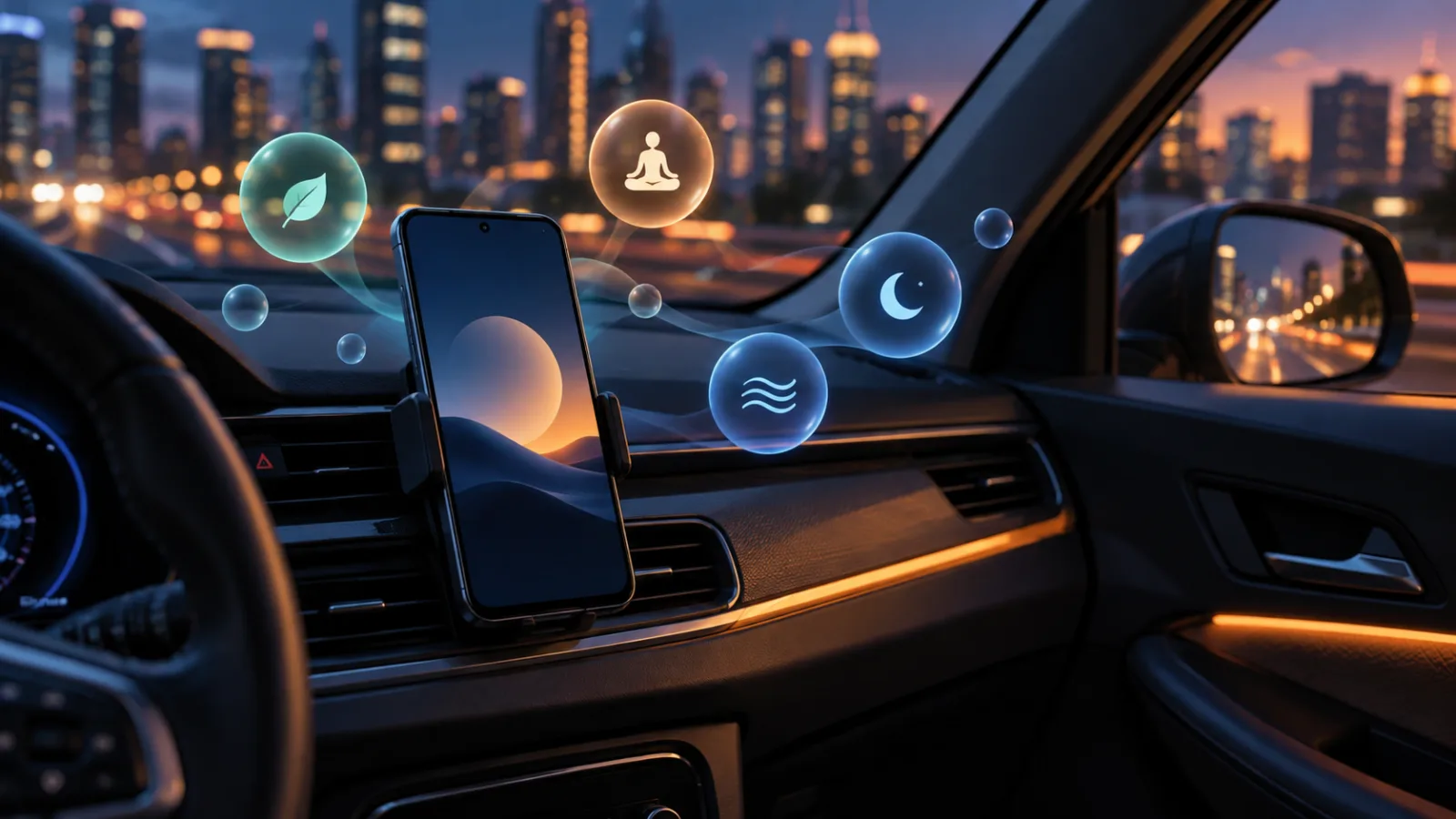 Ilustração de smartphone no interior de um carro com elementos abstratos de conforto visual