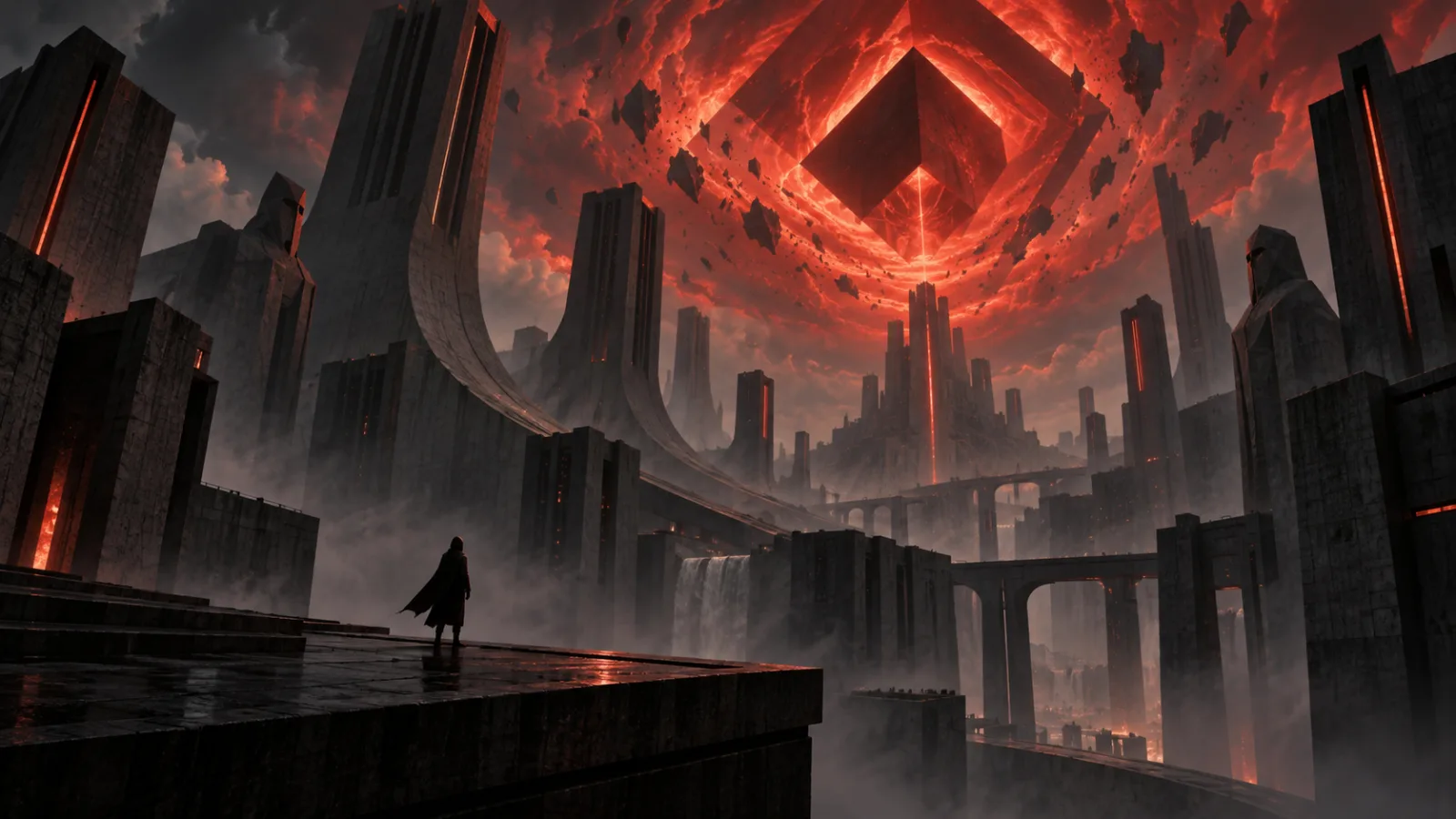 Ilustração de cidade brutalista com fenômeno sobrenatural vermelho, sem arte oficial do jogo