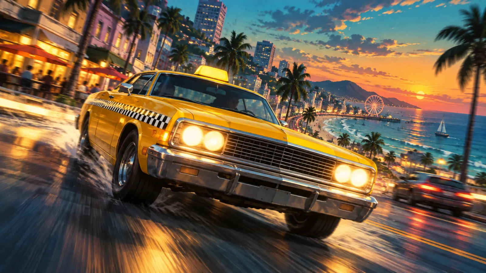 Ilustração de táxi amarelo em cidade costeira, sem elementos oficiais de Crazy Taxi