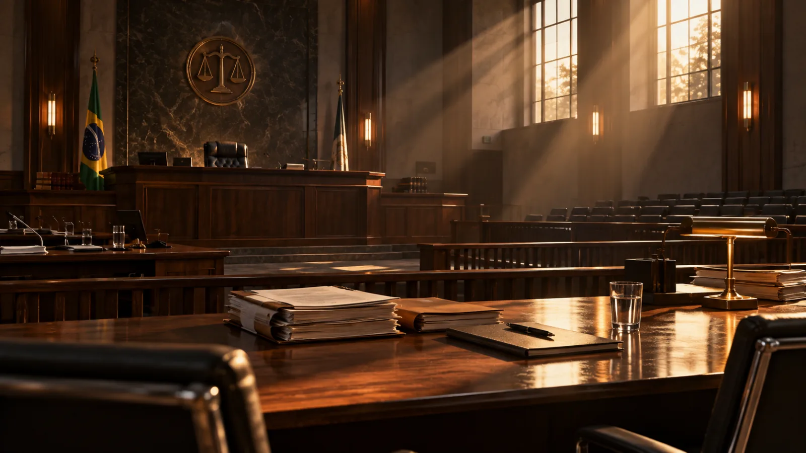 Ilustração de tribunal vazio com iluminação dramática