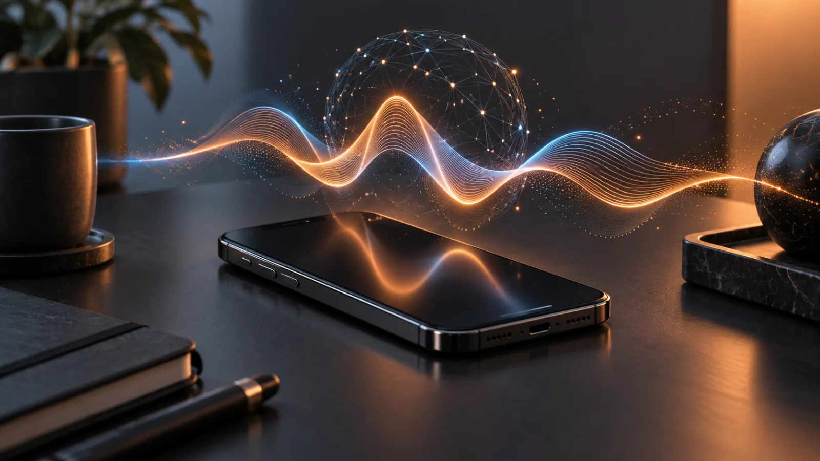 Ilustração abstrata de assistente de voz saindo de um smartphone