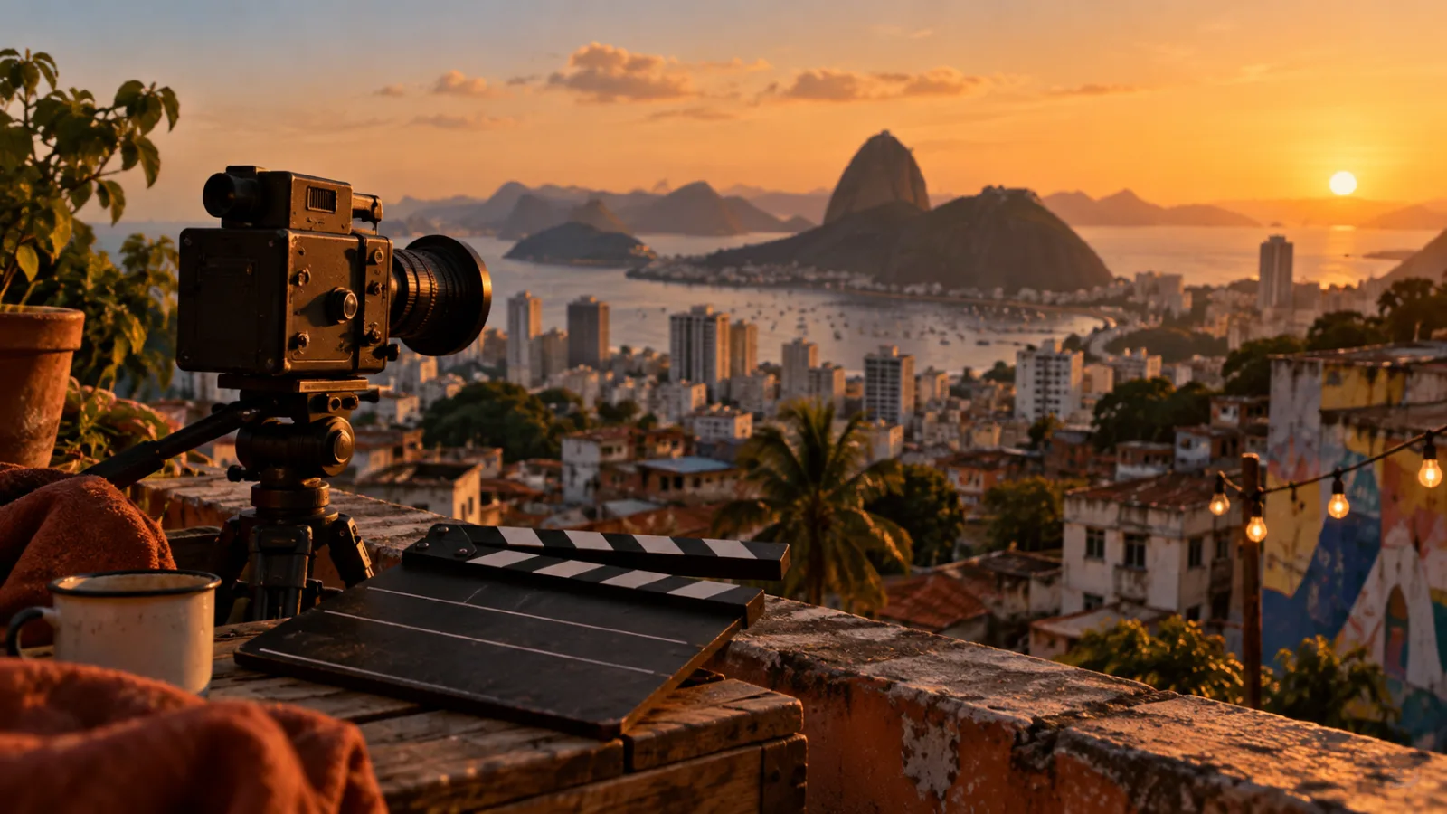 Ilustração de câmera de cinema em terraço brasileiro ao pôr do sol